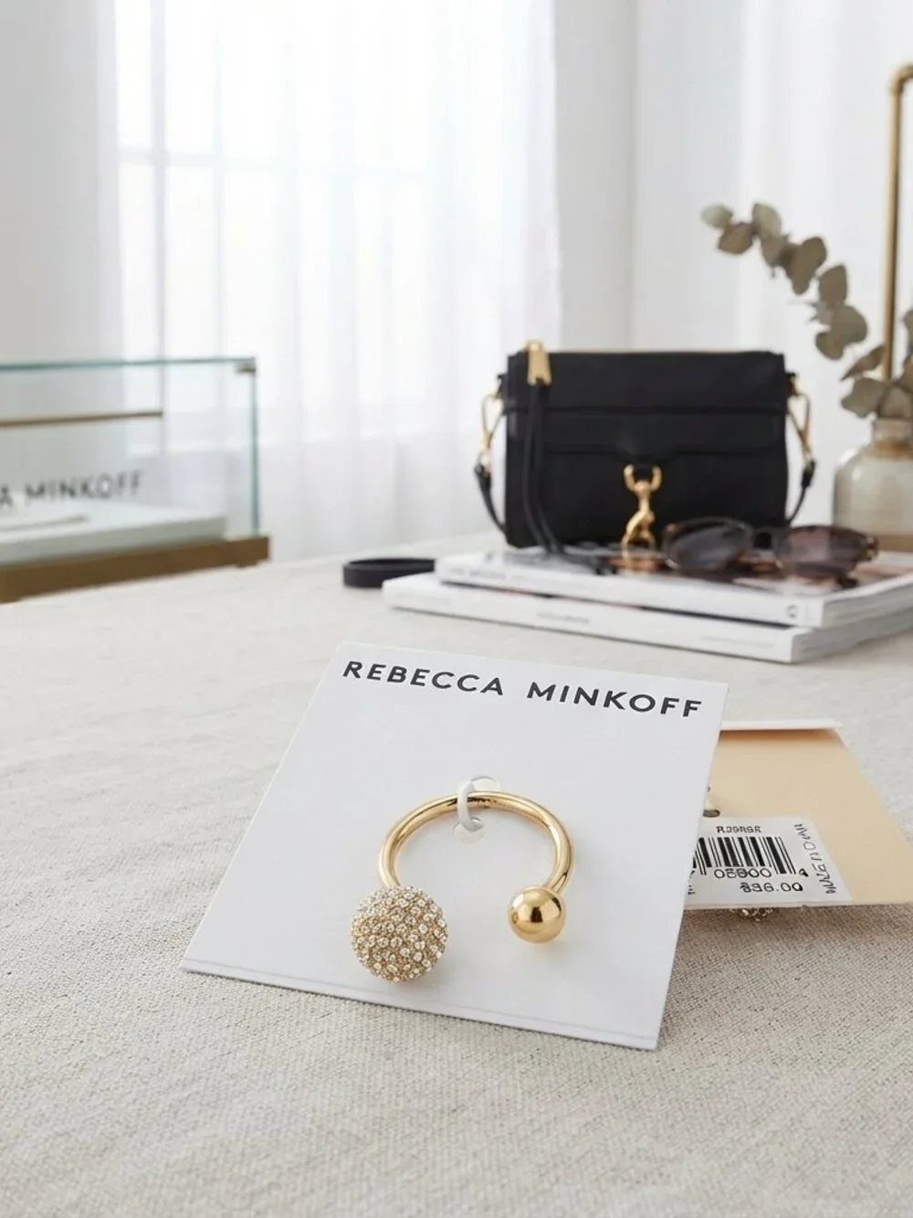 Rebecca Minkoff Gold-Tone Pavé Rhinestone & Polished Ball Open Ring – Size 7